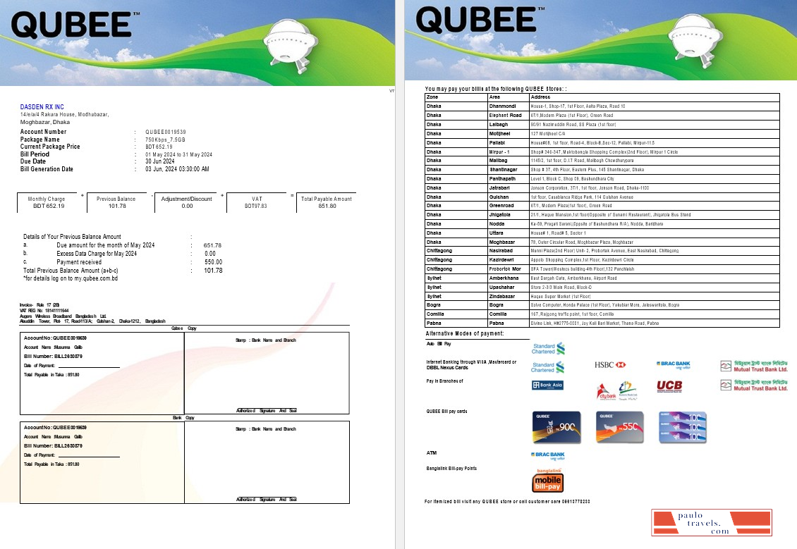 PAKISTAN QUBEE business utility bill Word and PDF template PSD template